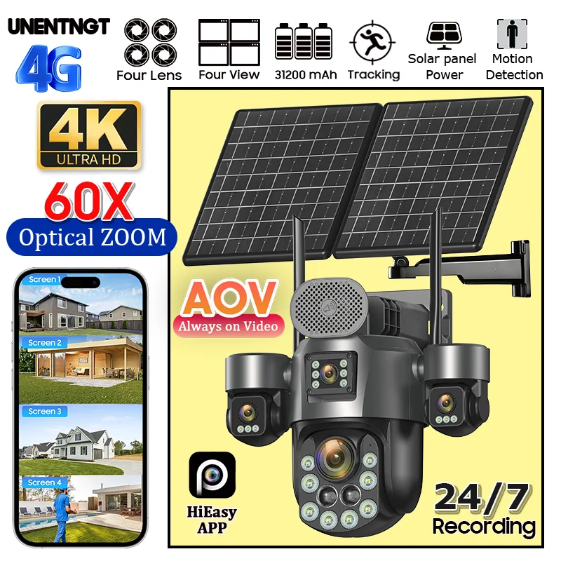 AOV 20MP 24/7 Recording Solar Camera 4G Home Outdoor 31200 MAh Surveillance 60X Optical Zoom Auto Tracking 4 screen Security Cam 1