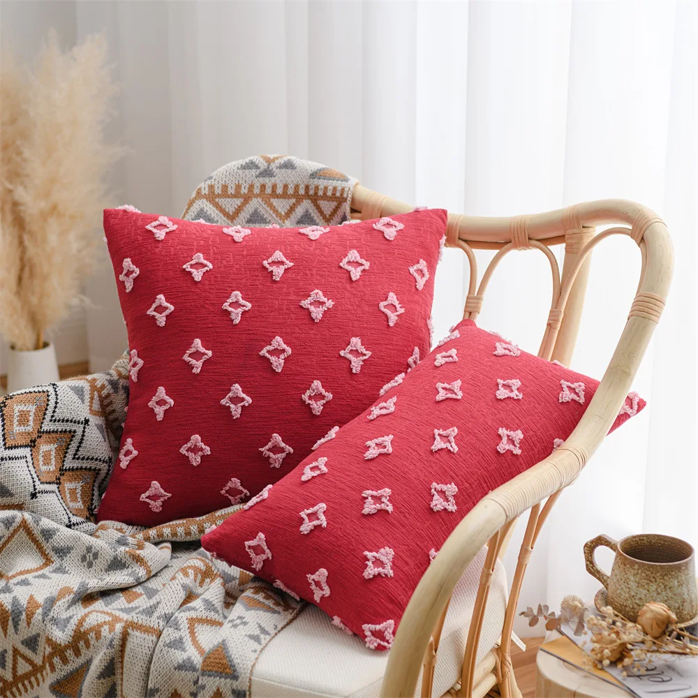 Inyahome Set of 2 Decorative Throw Pillow Covers Christmas Red Cushion Covers Rhombic Jacquard Pillowcase Soft Boho Cushion Case