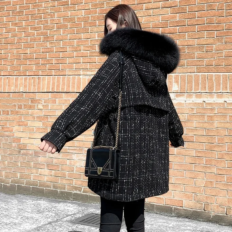 2023 Korean Version Parka Mid Length Large Woolen Collar Cotton Jacket for Women Loose Fitting Black Parka Thickened New Coat V4