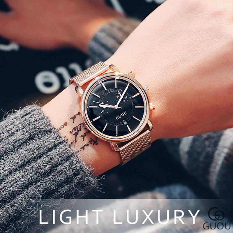 

2018 New Fashion GUOU Brand Couple watches Simple Calendar Waterproof quartz men women Lovers Mesh Band Quartz Wristwatches
