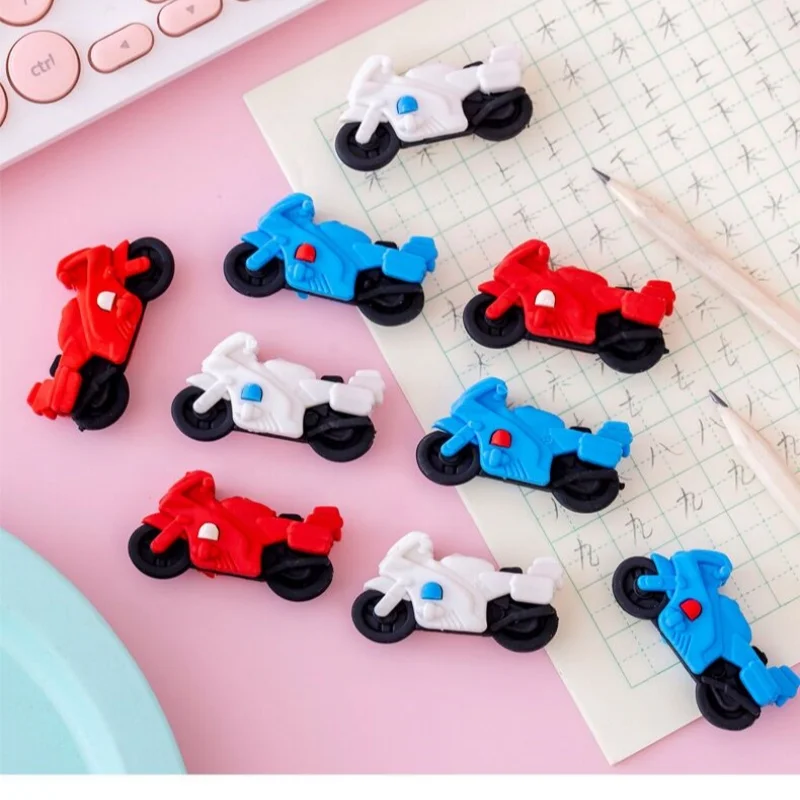 Pencil Eraser Retractable Eraser Kneadable Eraser Biscuit Eraser Plasticine Eraser 3 Pieces/lot Creative Cartoon Motorcycle Shape Eraser Cute Student Stationery Christmas Prize Reward Kawaii Eraser