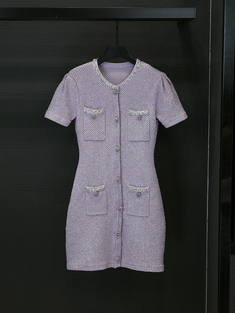 

Women Sequins Beaded O-Neck Short Sleeve Single Breasted Elegant Mini Dress