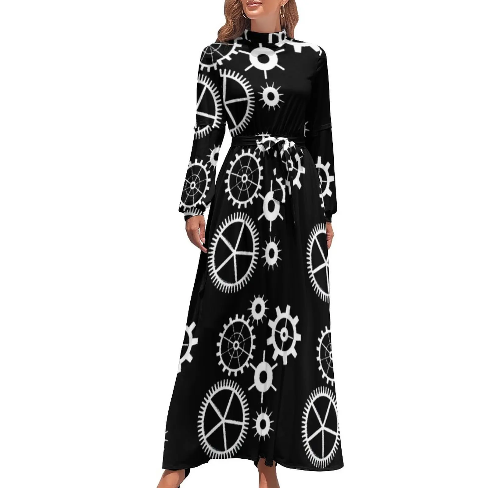

Steampunk Black And White Dress Technology Gears Monochrome Modern Maxi Dress High Waist Long Sleeve Casual Bohemia Long Dresses