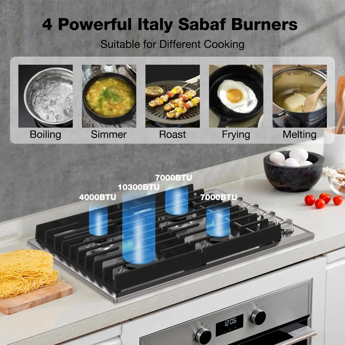 30 Inch Gas Cooktop with 4 Italy Sabaf Power Burners, Built In Gas Stove Top of 304 Stainless Steel, Gas Hob NG/LPG 2