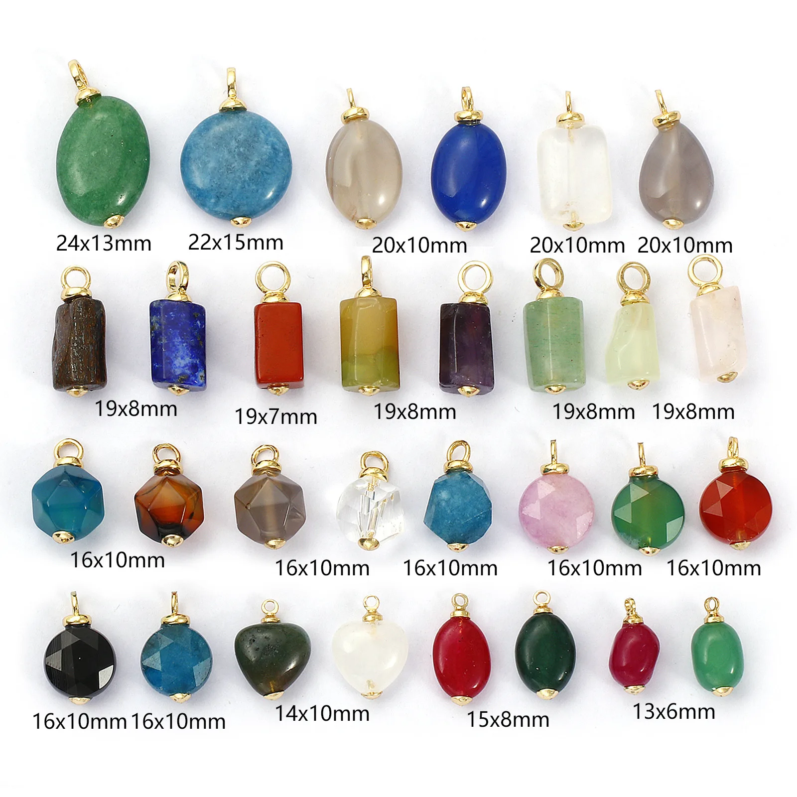 2 Stück Messing- und Naturstein-Charms, 18 Karat vergoldet, rechteckig, oval, rund, Zylinder, herzförmige Anhänger für die Herstellung von DIY-Halsketten – Detail 1