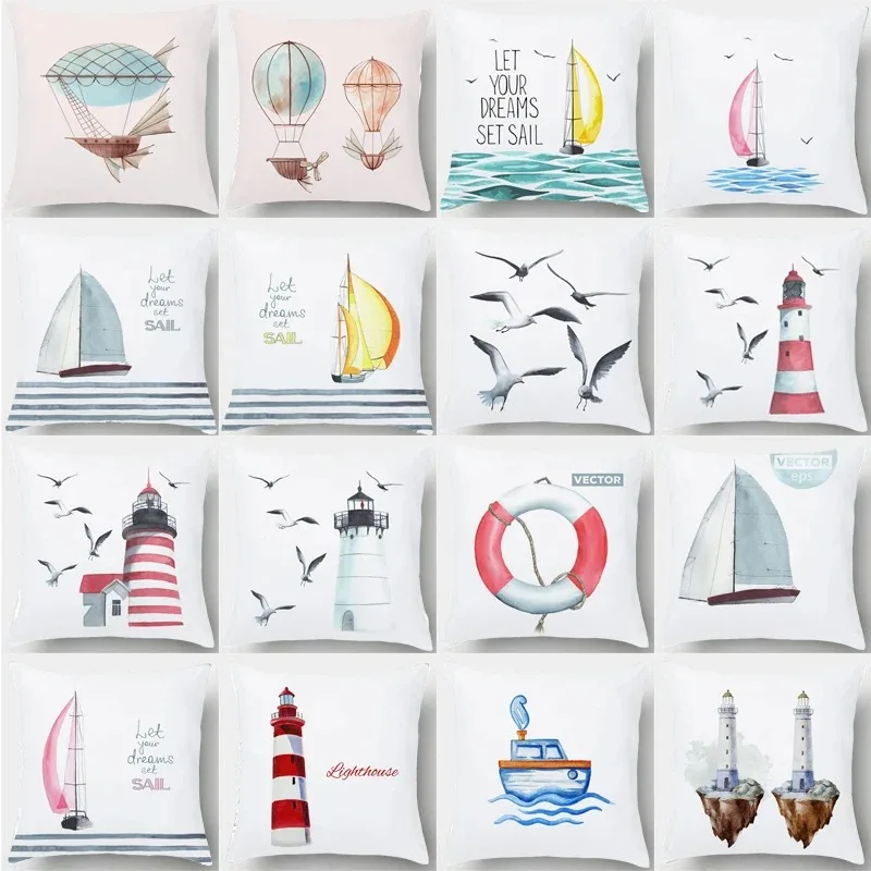 

Sailboat Lighthouse Pattern Decorative Pillowcase Living Room Office Ornaments Home Pillowcase