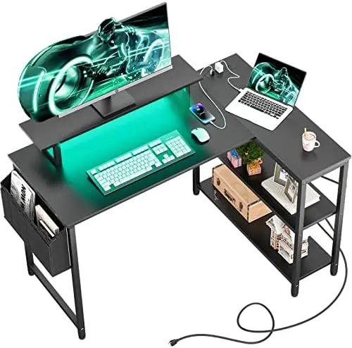 

Shaped Computer Desk with LED Strip & Power Strip, 47 Inch Corner Desk with Monitor Stand Reversible Storage Shelves, Modern Pir