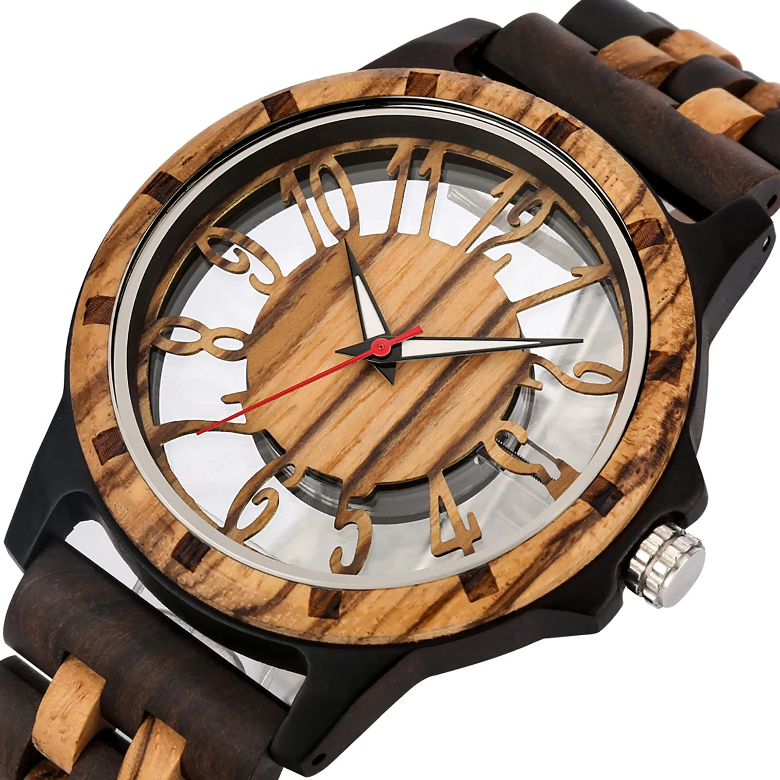 Transparent Deep Brown Skeleton Arabic Numerals Dial Quartz Wooden Men's Watch, Quartz Natural Wood Strap Watches for Men