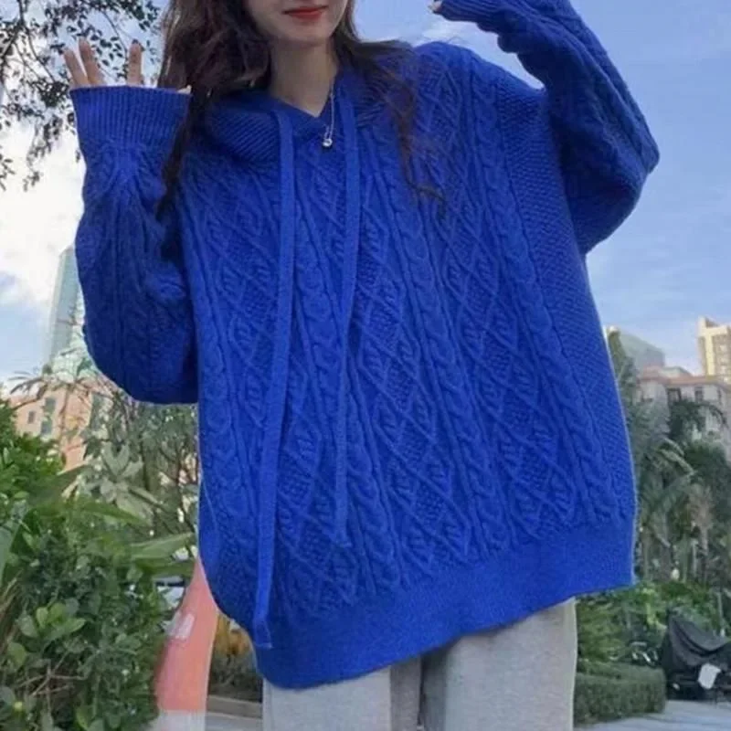 

Hooded Twist Striped Solid Color Sweater Fall Winter 2022 Fashion Casual Drawstring Knit Design Knitting Loose Women Clothing