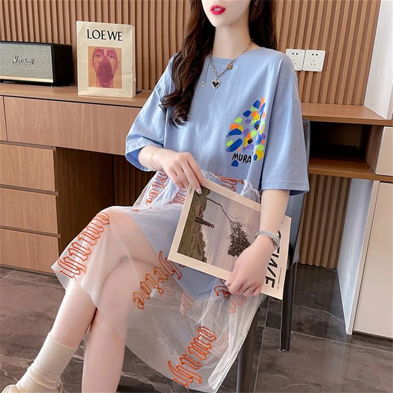 여성용 레터 프린트 메쉬 패치워크 반팔 티셔츠 드레스, 캐주얼 스트리트웨어, 느슨한 Y2K 요정 미디 드레스, 2023 여름 의류