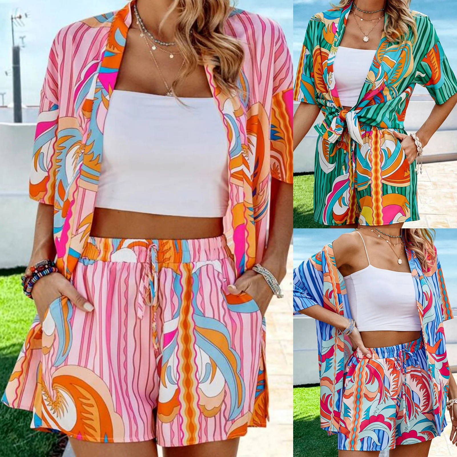 Summer Boho Style Graphic Print Shirt Short Pants Ladies Open Front Blouse  Drawstring Shorts Outfit Loose Fit Beachwear Clothing - AliExpress