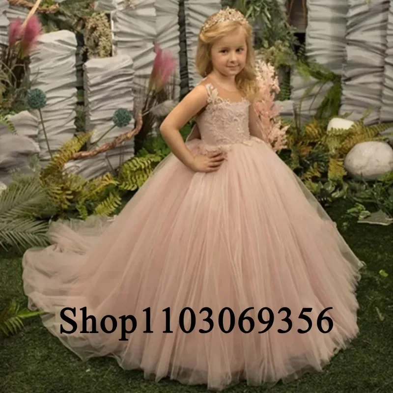 

Flower Girl Dress Lace Fluffy Tulle Round Communion Neck Little Girl Kids Wedding Birthday Party Prom Holiday Dress Champagne