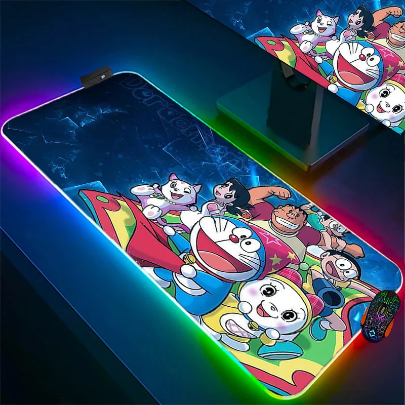 Doraemon Anime RGB Kawaii Large Mousepad Computer Accessories Anti Slip Keyboard Game Table Pad Laptop LED Backlit Soft Mice Mat