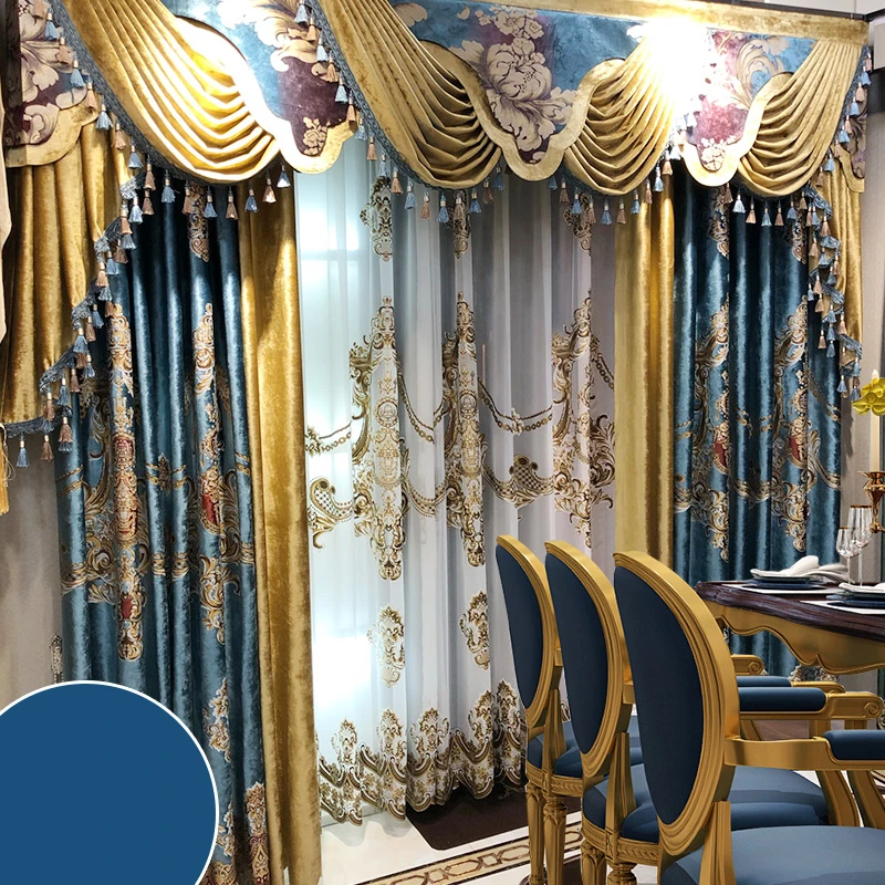 

Custom curtains American luxury living room villa flannel bedroom blue velvet cloth blackout curtain tulle valance drape C944