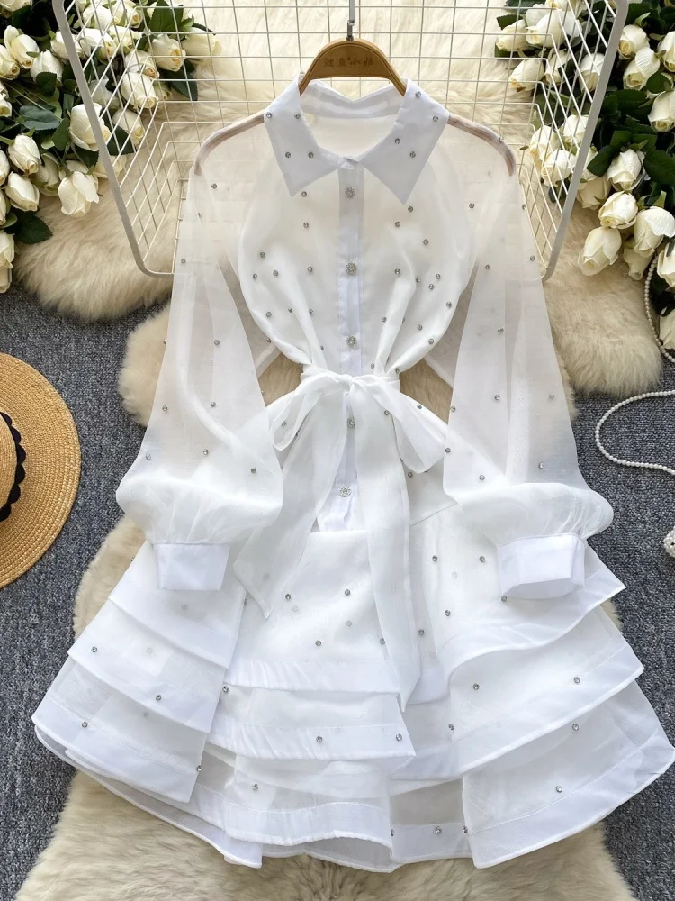 Wmstar Dress Women Wholesale French Style Heavy Diamond Encrusted Ruffled Women Spring Lace Up Cinched Waist Elegant Lace Puffy