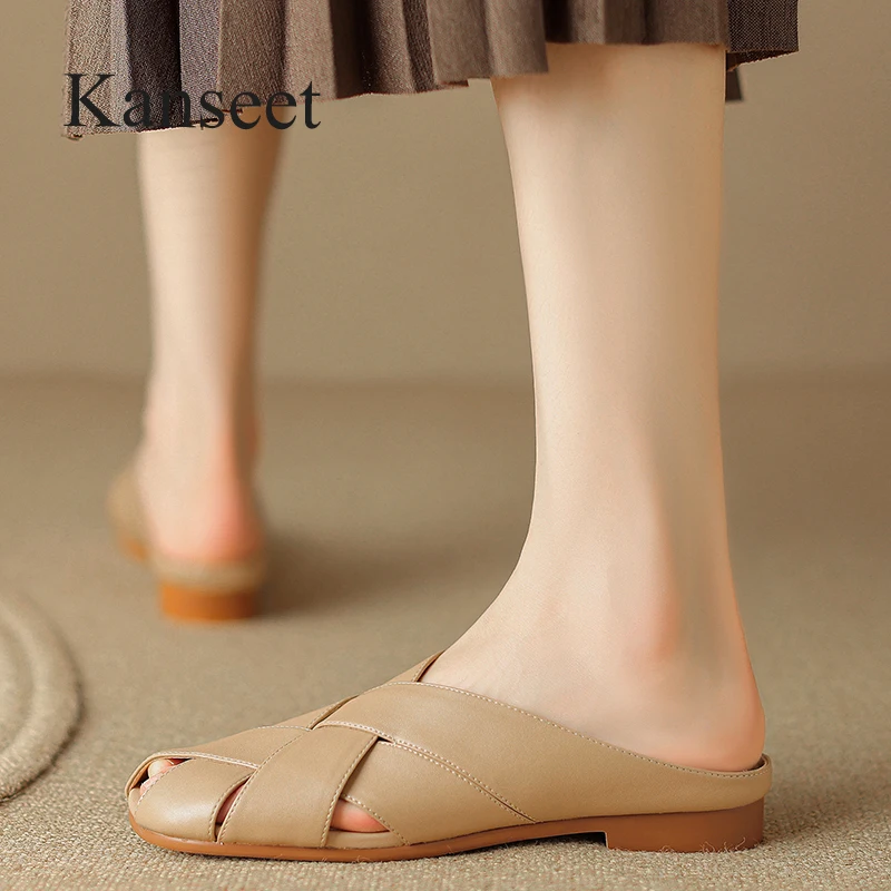 

Kanseet Flats Slippers For Women Summer Genuine Leather Mules Shoes Comfortable Handmade Casual Ladies Outside Apricot Slipper