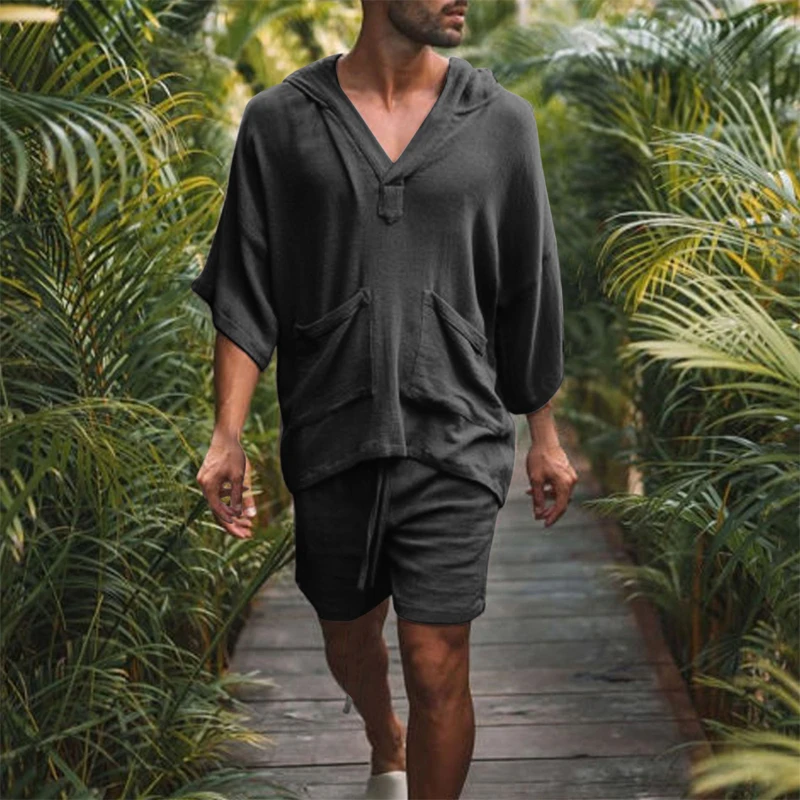 2pcs/set Men Summer Cotton Linen Shirt Set Loose Casual Tops Shorts Suit Short Sleeve Pajamas Comfy Breathable Beach Shorts