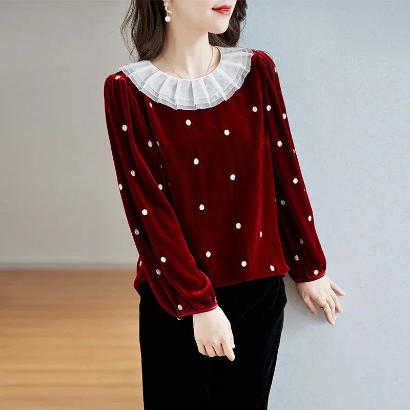 

Женская бархатная рубашка в горошек, винно-красная свободная велюровая рубашка с оборками и рукавами-фонариками, весна-осень 2023