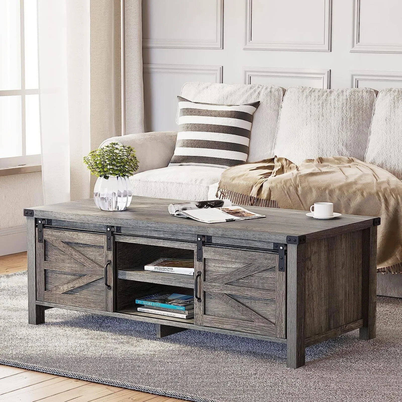 

48Inch Modern Farmhouse Coffee Table with Sliding Barn Doors , Storage Cabinets