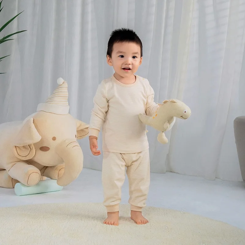 0-2 Years Sleepwear Spring Autumn Boys Girls 100% Natural Colored Cotton Striped Thermal Baby Pyjamas Kids Home Wear Pajamas