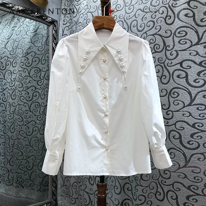 Lapel Pearl Three-Dimensional Draping Shirt Women's 2023 Spring Autumn Long Sleeve French Single-breasted All-Matching Blouse