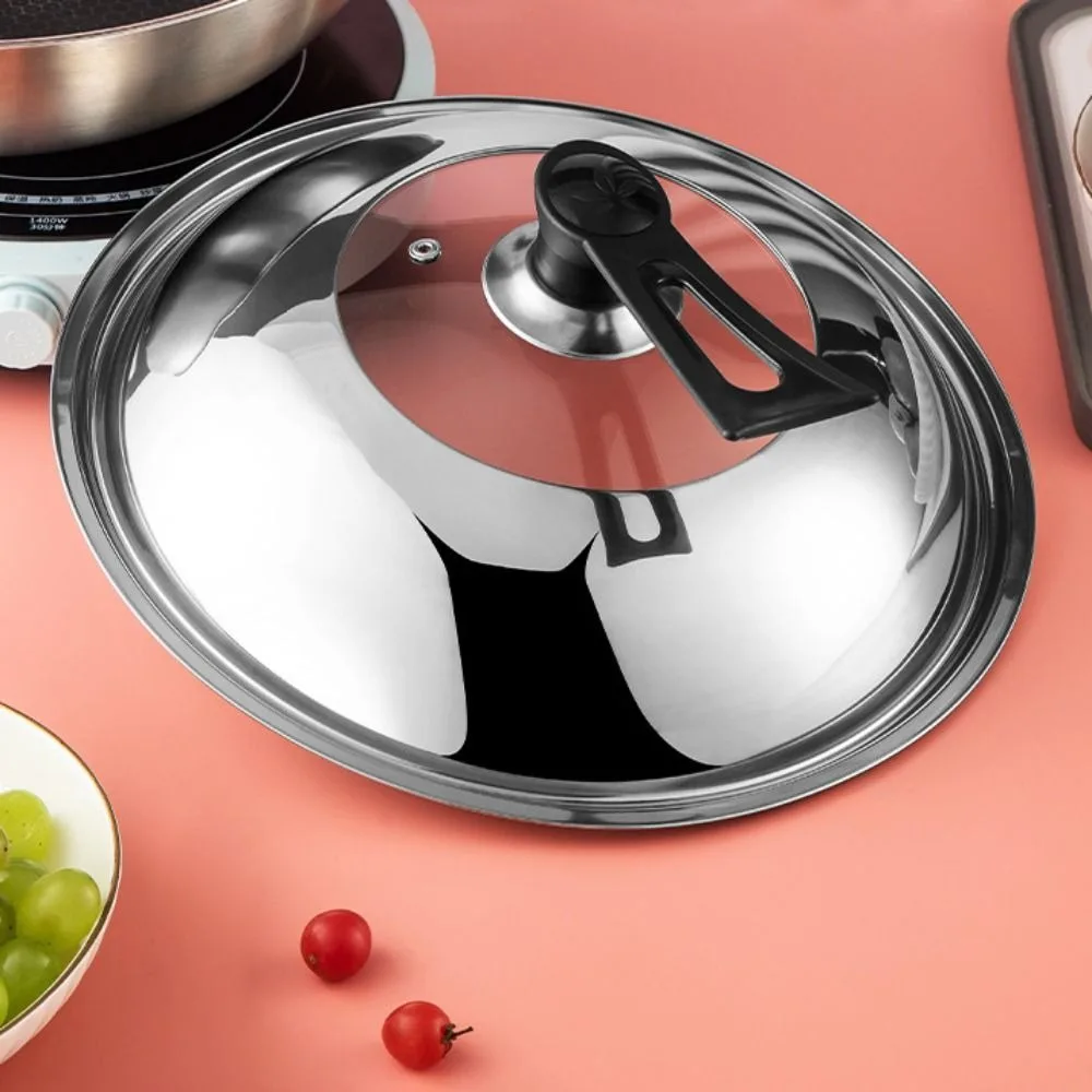 28/30/32/34/36/38CM Stainless Steel Visible Pot Lid Universal Anti-scalding Wok Cover Black Plastic Knob Heat Resistant stainless steel pot lid