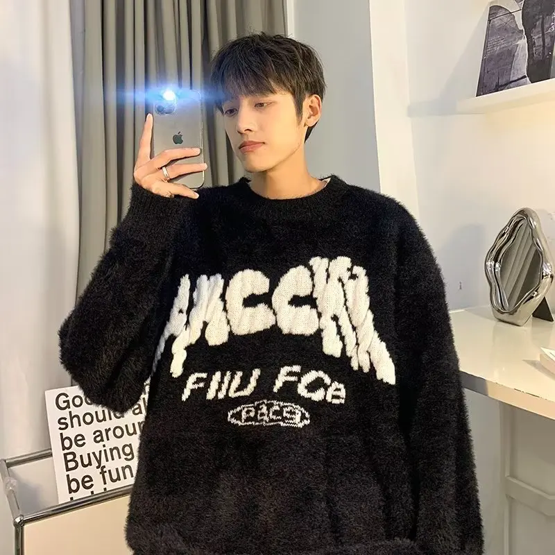 

2023letter Jacquard Sweate Men Black Pullover Harajuku Knit Loose Women's Vintage White Sweater Warm Pullover Autumn Winter