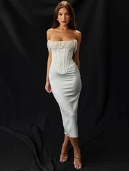 Mozision Pearl Tassel Sexy Midi Dress For Women Fashion Party Outfits Off-shoulder Strapless Backless Bodycon Club Sexy Dress
