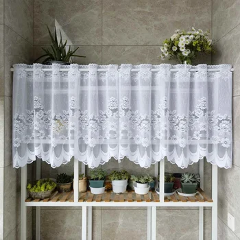 White Lace Sheer Curtains Long Scalloped Bottom Kitchen Short Curtain Valance Window Treatment for Bedroom Living Room Cabinet