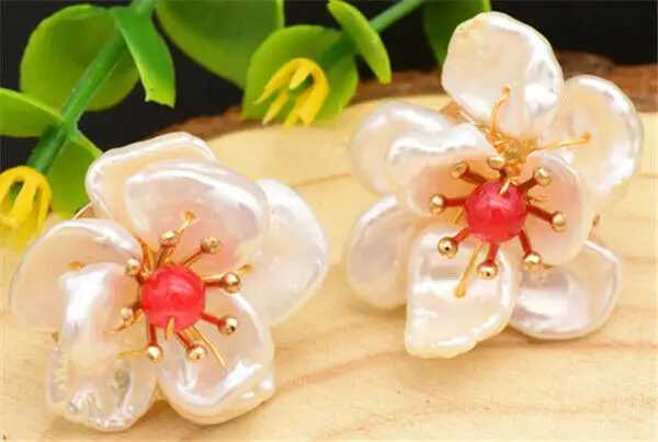 

925 Silver Earrings Red Natural Stone Baroque Pearl Flower Handmade Earrings