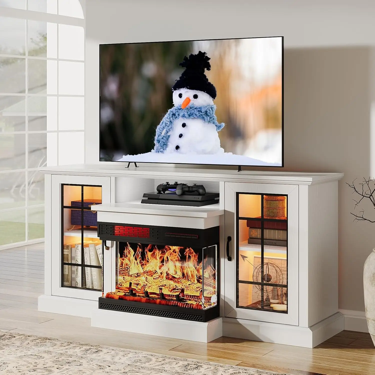 59'' Fireplace TV Stand, 3 Sided Glass Media Entertainment Center Console Table for TVs up to 65'' with Glass Door Adjustable 2