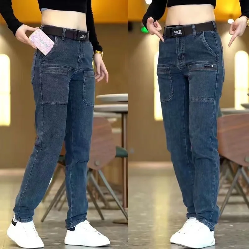 2024 New Brand Mens Casual Multiple Pockets Jeans Mid-Waist Elastic Straight Denim Trousers Versatile Loose Personality Pants 6