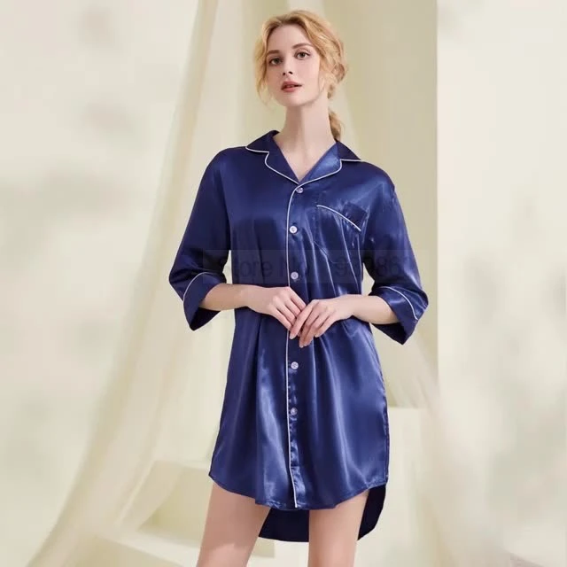 Button-down Sleep Shirt Women Nightgown Lapel Satin Nightdress