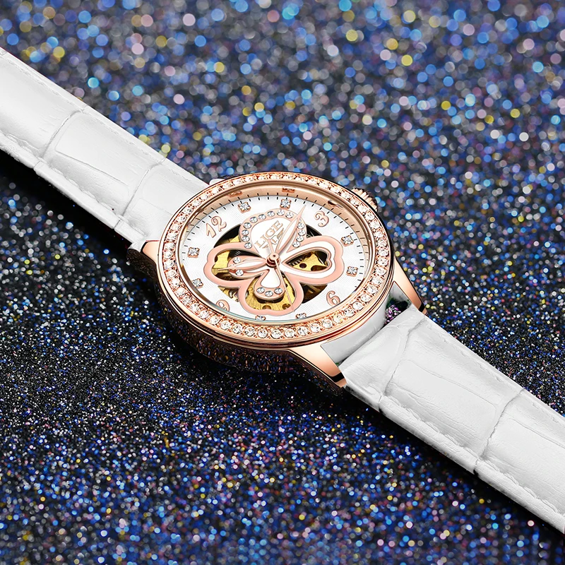 Sunkta 2023 New Women Quarzt Watches Diamond Four-leaf Clover WristWatches Ladies White Leather Watch Waterproof Reloj Muje Gift