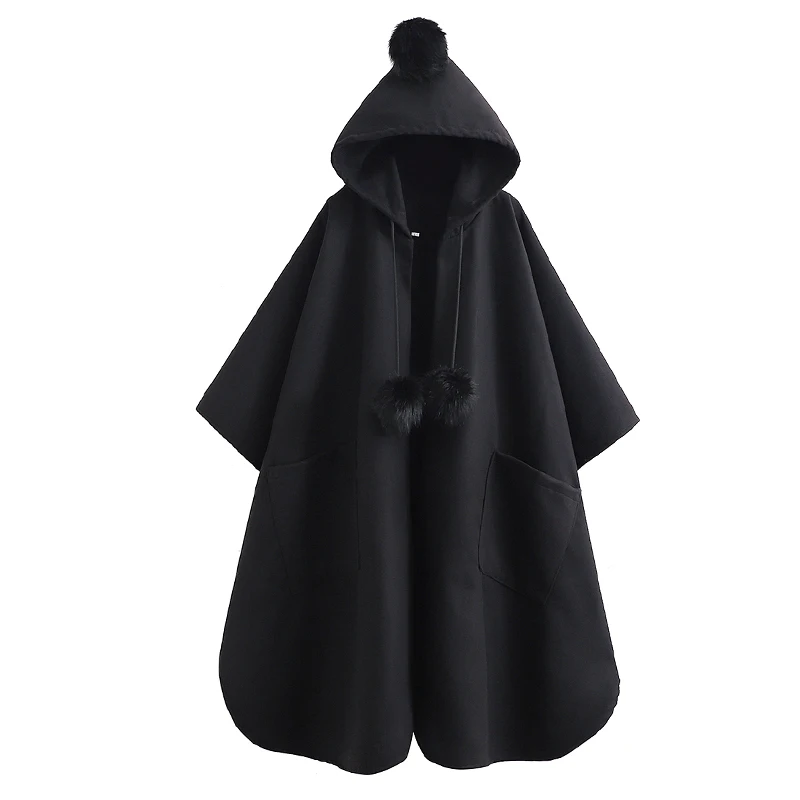 

Hooded Long Cape Style Woolen Coat Women's Loose Casual Fashion All-Match Irregular Profile Thickened Warm Autumn and Winter 1Pc