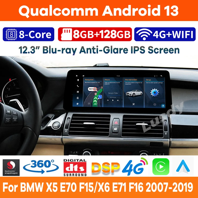 

12.3" Qualcomm 8+128G Android 13 Car Video Player for BMW X5 E70 F15 X6 E71 F16 CCC CIC NBT EVO Auto Radio GPS Stereo CarPlay
