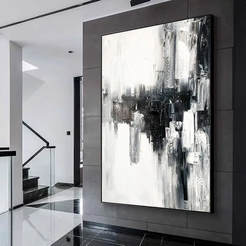 

Modern Minimalist Black White Decorative Painting Handmade Oil Painting Abstract Color Block Poster Living Room Bedroom Foyer