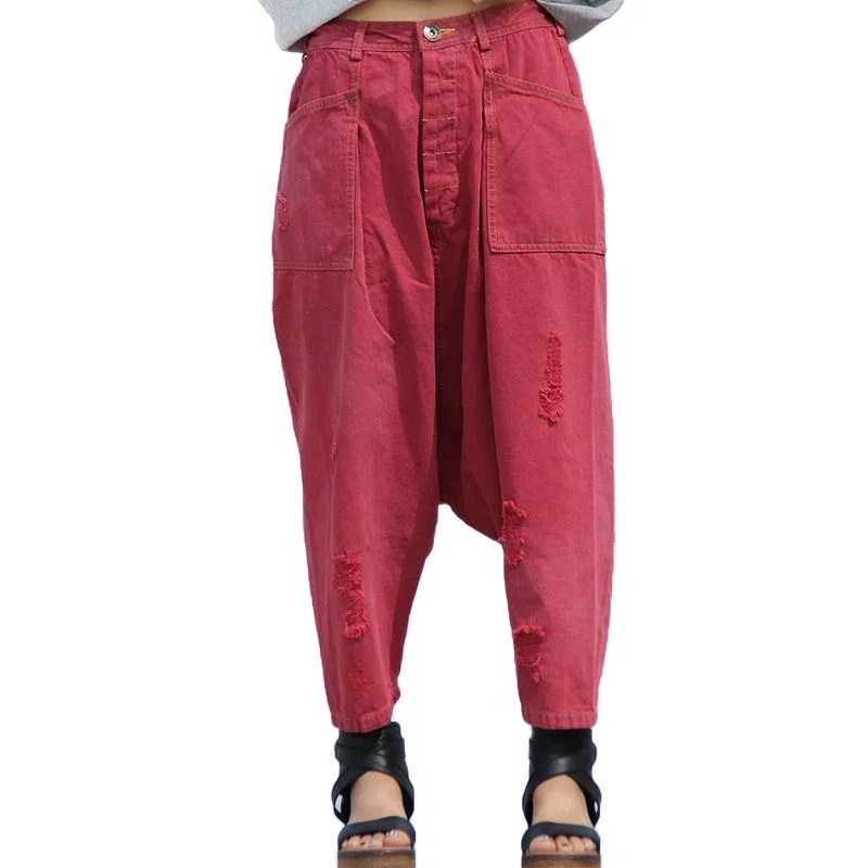 

Женские джинсы в стиле хип-хоп, джинсовые брюки с дырками, Свободные мешковатые расслабляющие повседневные брюки, женская одежда с вырезом