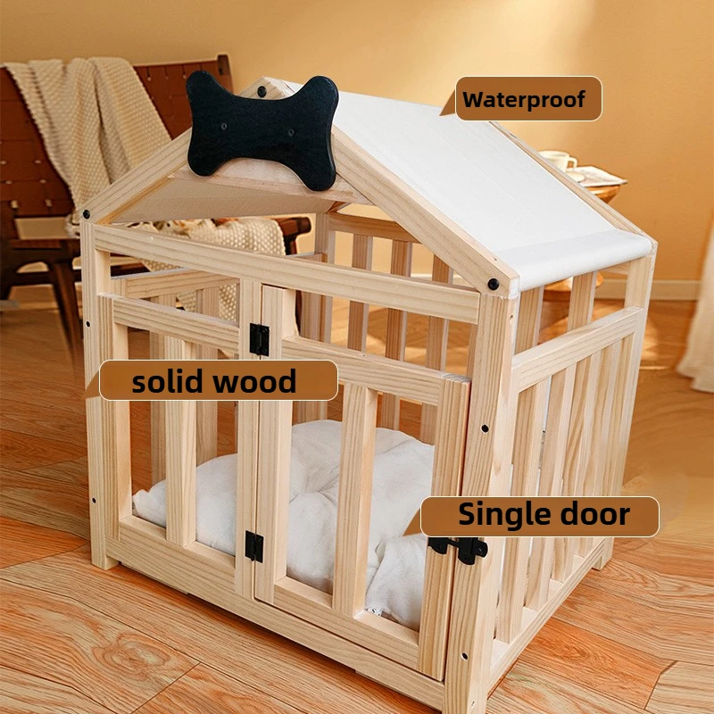 Solid Wood Dog House Large Space Double Doors Indoor Breathable Small Dog Washable Cat's Nest House Waterproof Pet Bed