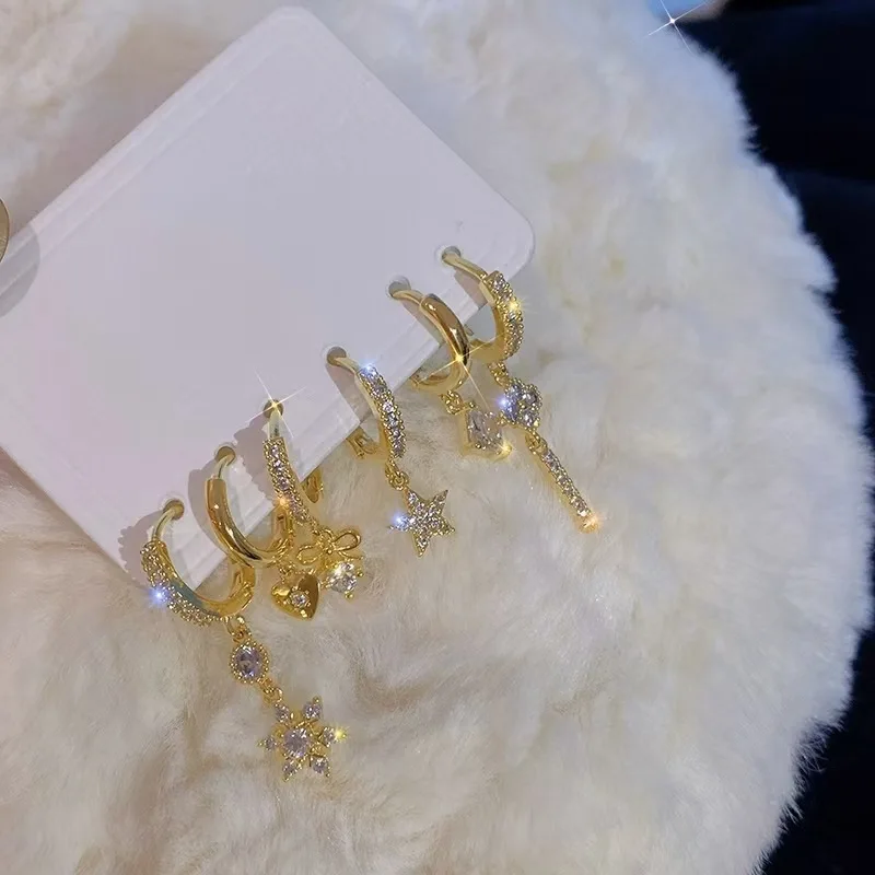 Gold Color Geometric Pendant Hoop Drop Crystal Earrings for Women 6Pcs/Set