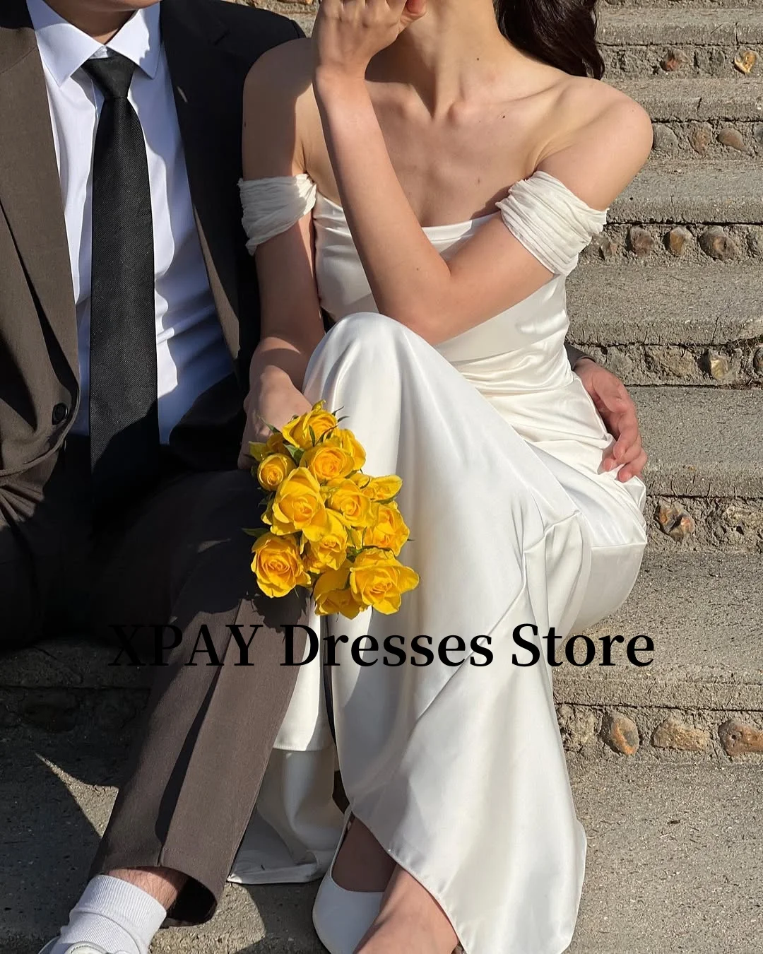 XPAY Elegant Off Shoulder Wedding Receipt Dresses Korea Photo shoot Silk Satin Floor Bridal Gowns Corset Back Simple Customized 3