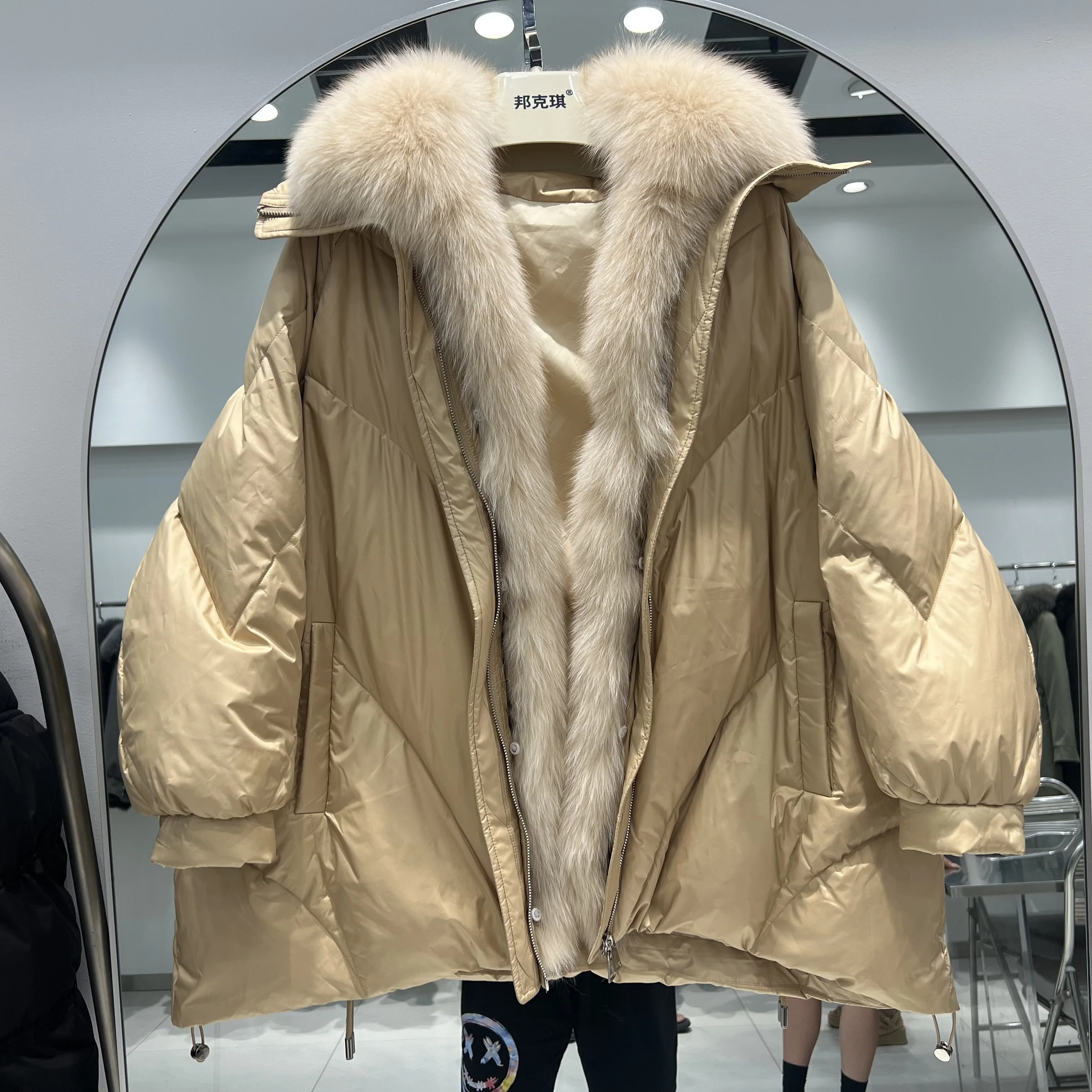 Lagabogy 2025 Real Natural Fox Fur New Winter Women White Goose Down Jacket Loose Warm Puffer Coat Female Thick Mid-Long Parkas