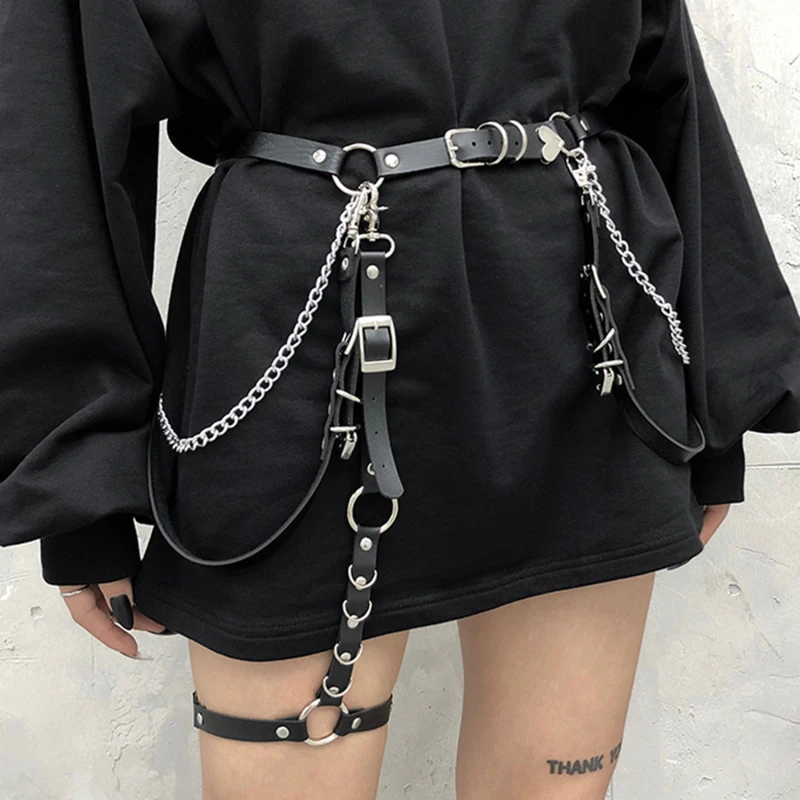 

Women Skirt Belt Female Pu Leather Hiphop Rock Nightclub Sexy Jeans Dress Heart Punk Belt With Metal Waist Chain