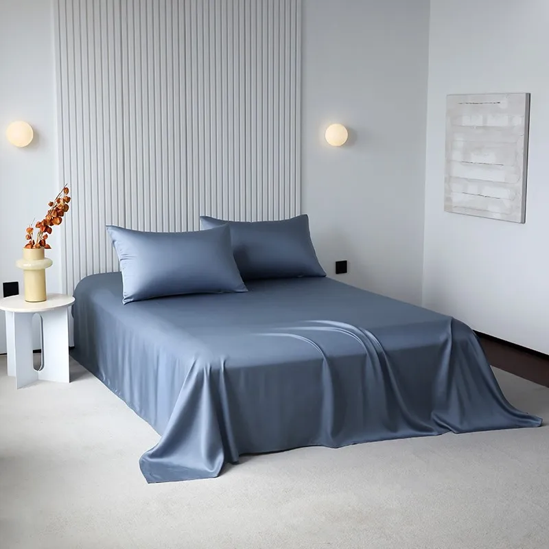 100%Organic Eucalyptus Plain Blue Flat Bed Sheets Lyocell Silky Soft Smooth Breathable Gentle to Skin Pillow shams 2