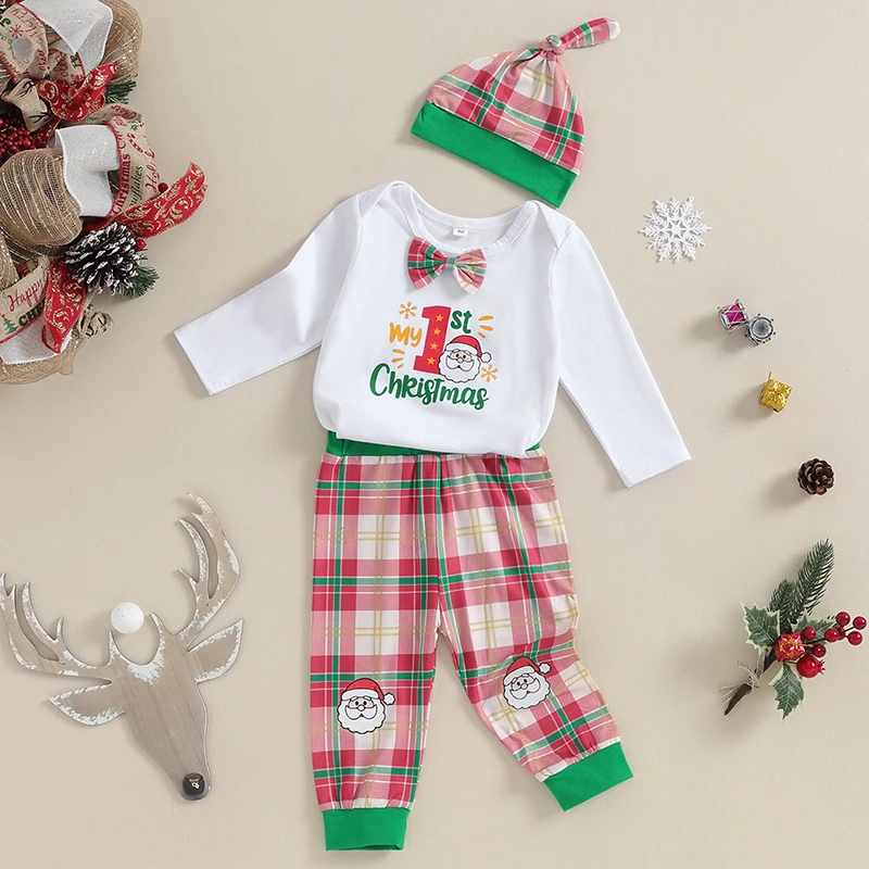 

Mesalynch Infant Boys Girls Christmas Clothing 3Pcs Set Long Sleeve Santa Claus Merry Christmas Deer Print Romper Long Pants