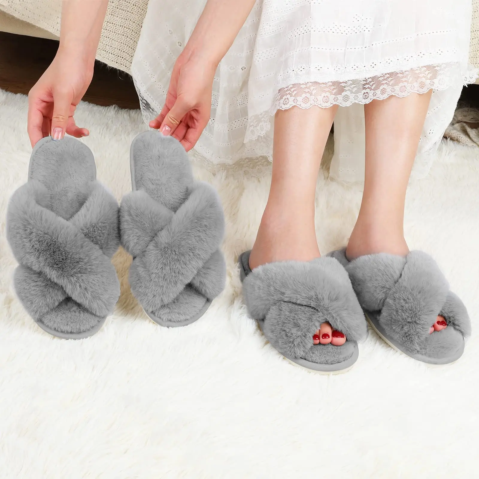 Comwarm Women Fashion Fuzzy Slippers Indoor Open Toe Flat Cotton Shoes Comfort Home Slippers Plush Fluffy Warm Shoes Cozy Slides