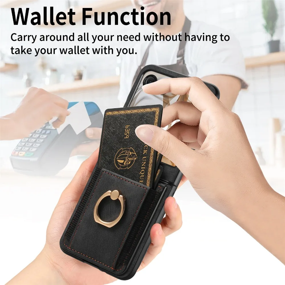 Premium Retro Plain PU Leather Wallet Phone Case with Card Slot and Ring Bracket - Shockproof Cover