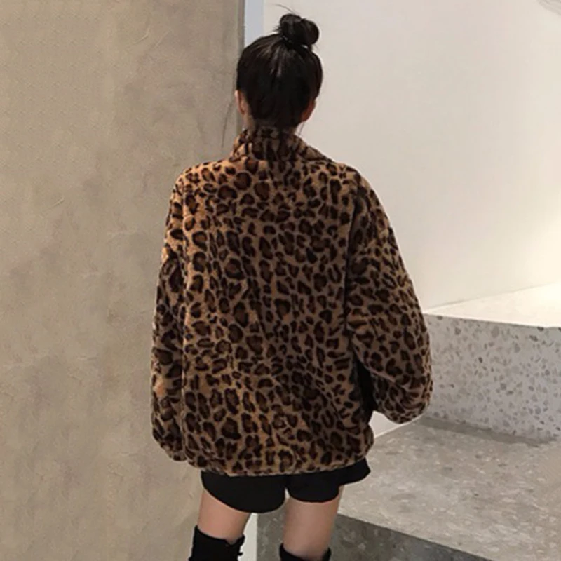 Vintage Leopard Warm Flurry Jacket Women Autumn Winter Thick Cropped Fake Fur Coat Korean Fashion Imitation Mink Zipper Outwear