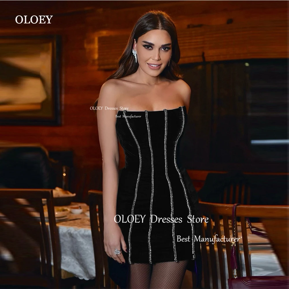 

OLOEY Sexy Black Velvet Short Prom Party Dresses Shiny Crystal Beads Mini Dubai Arabic Women Cocktail Dress Night Event Gowns