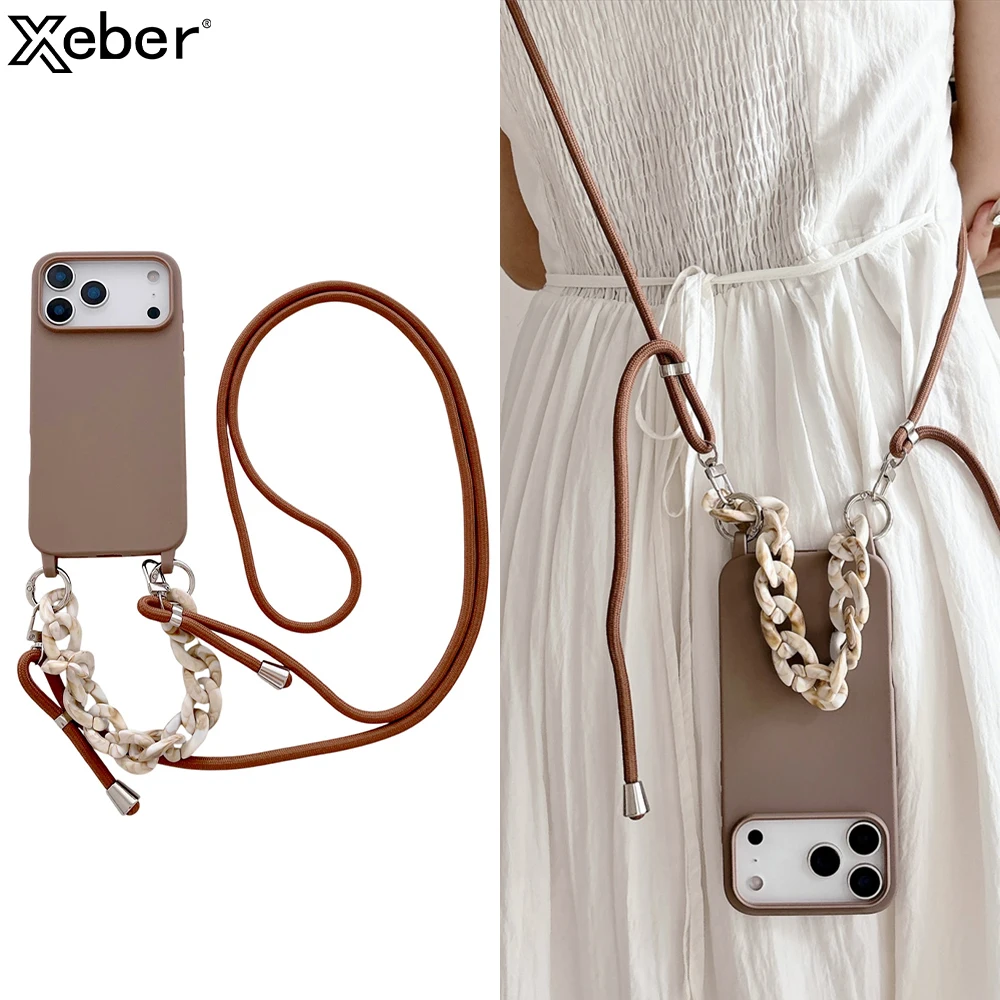 Elegant Crossbody Lanyard Marble Acrylic Chain Phone Case with Soft Matte Finish